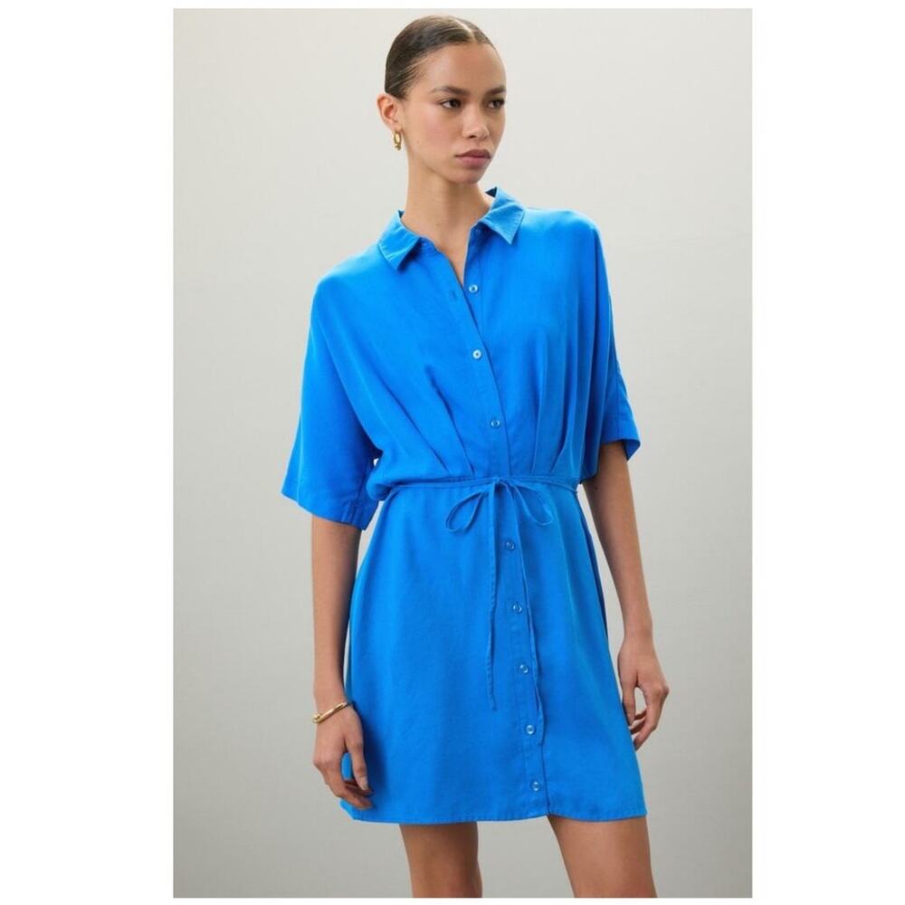 THAKOON Women's Blue Button Front Collared Tie Waist Mini Shirt Dress Size 6